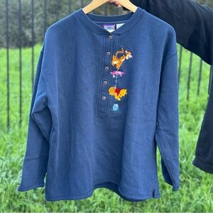 Men’s Vintage 90’s Navy Blue Pooh Piglet & Tigger Embroidered Henley Shirt Large